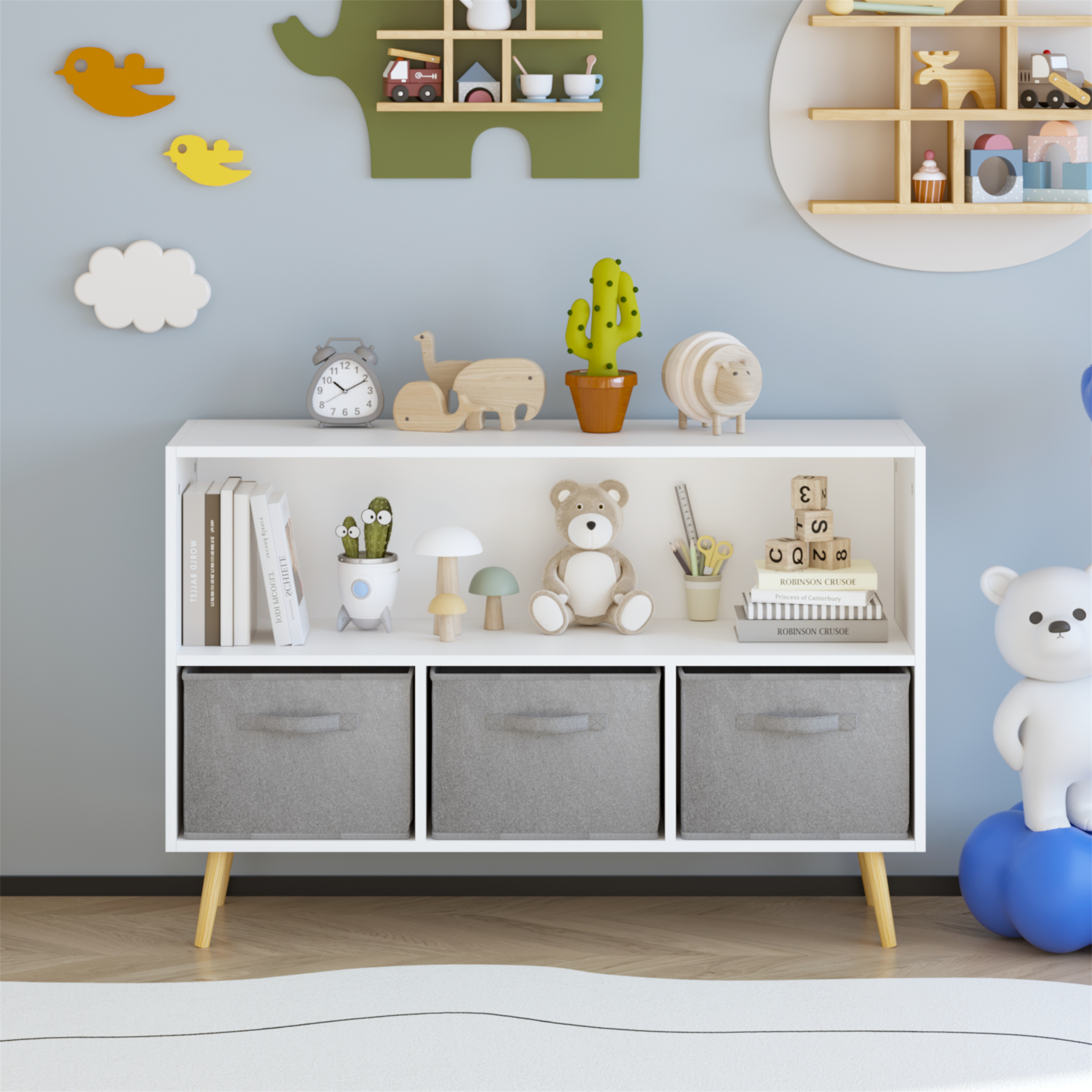bookcase with Collapsible Fabric Drawers, Book Display, Toy Storage Cabinet Organizer 35.43*10.62*23.62 white