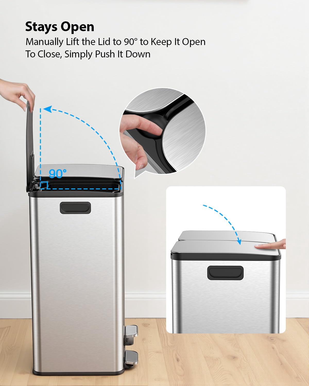 Dual Compartment Kitchen Trash Can, 2 x 8 Gallon (2 x 30 L) Stainless Steel Trash and Recycle Bin Combo with Soft-Close Lid, Dual Compartment Recycling Kitchen Step Trash Bin, Odor Proof, Hands Free,