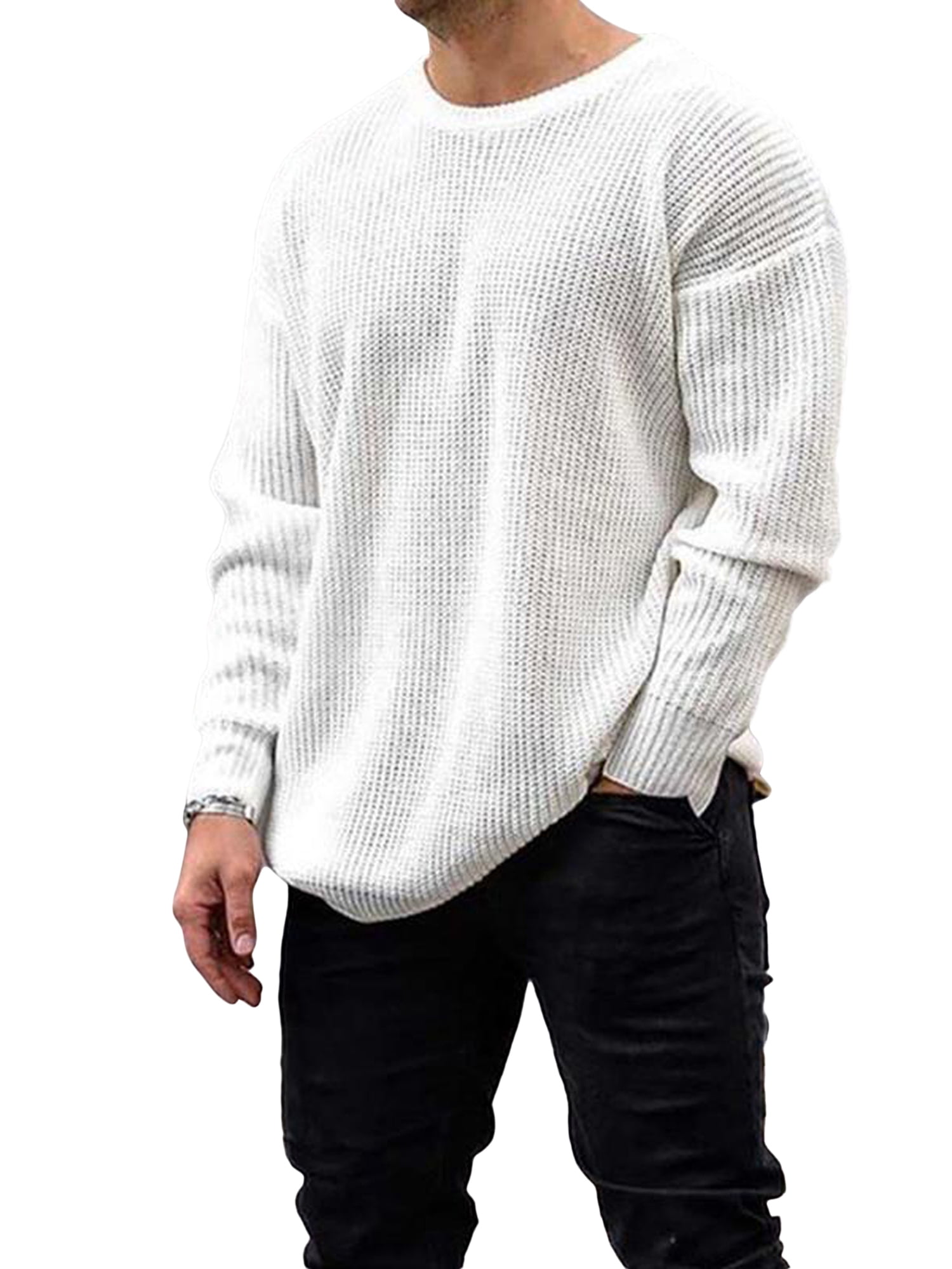 Men Soft Cotton Rib Stitch Crewneck Sweater Vintage Solid Color Long Sleeve  Pullovers