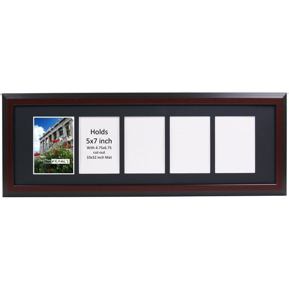 CreativePF 5 Opening Mahogany Picture Frame with Glass to Hold 5 by 7 inch Photographs Including 10x32-inch Black Mat Collage