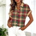 thumbnail image 4 of Bbyeadc Button Up Shirts for Women Short Sleeve Round Neck Top Plaid Print Rolled Cuffs Top Casual Loose Going Out T-Shirt with Pocket,Multicolor(L), 4 of 5