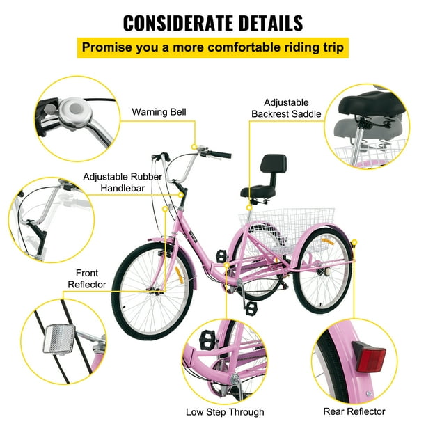 VEVOR Foldable Adult Tricycle 26 7 Speed 3 Wheel Bikes with Basket Three Wheel Bike for Adults Adult Trike Adult Folding Tricycle Foldable Adult Tricycle 3 Wheel Bike Trike for Adults Pink Walmart