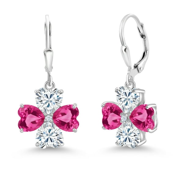 Gem Stone King 925 Sterling Silver Pink Created Sapphire and White Moissanite Dangle Earrings for Women (6.42 Cttw, Gemstone September Birthstone, Heart Shape 6MM)