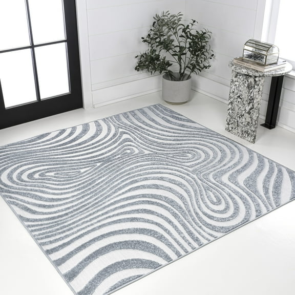 JONATHAN Y SCANDINAVIAN 7' Square Area Rug, Maribo Abstract Groovy Striped - Light Blue/Ivory, SCN103C-7SQ