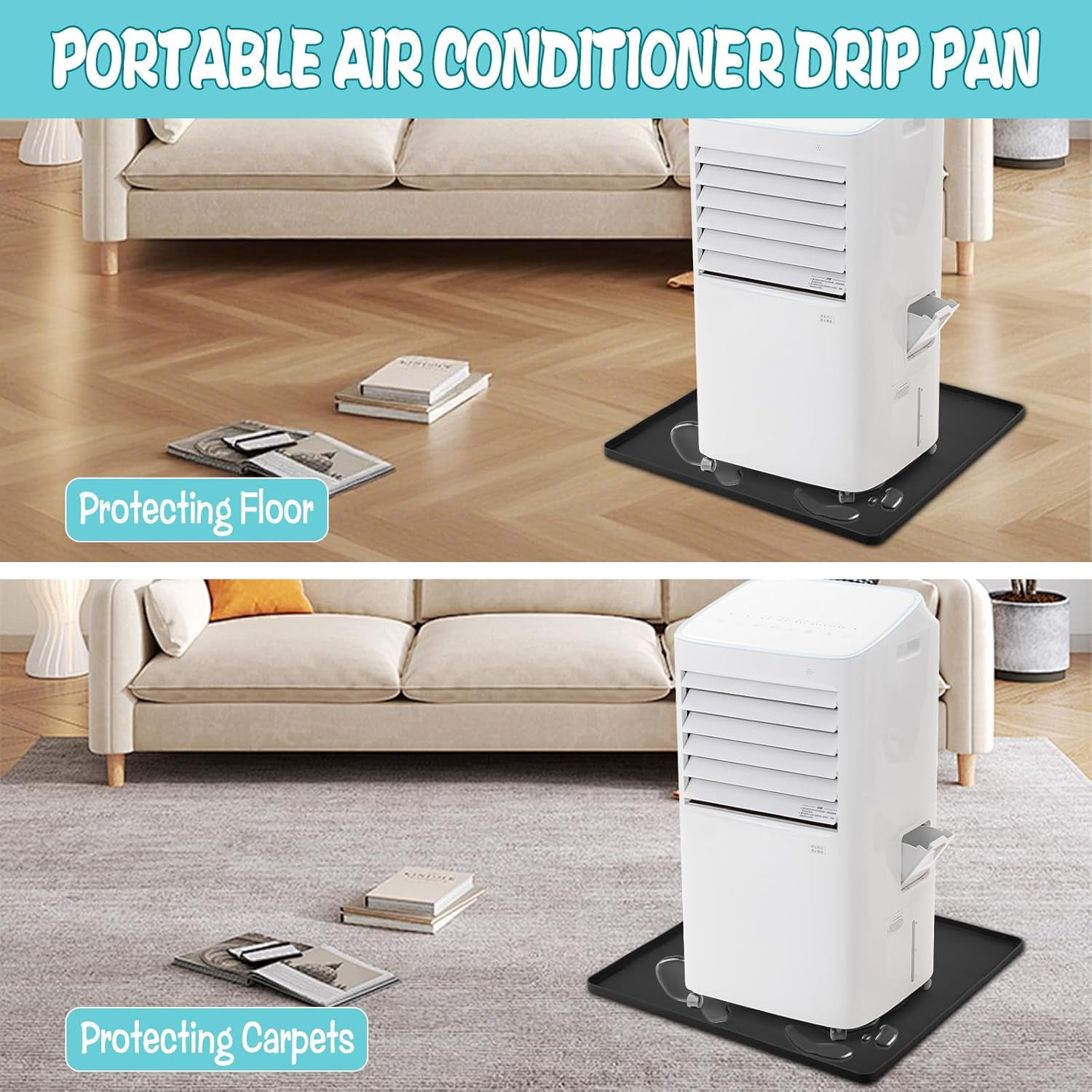 ABPETE  Air Conditioner Drip Pan with Raised Edge, 23.6" x 25.6" Silicone AC Drain Pan for 5,000 to 14,000 BTU AC Unit, AC Drip Tray for Catching & Preventing Condensate Leakage, Black