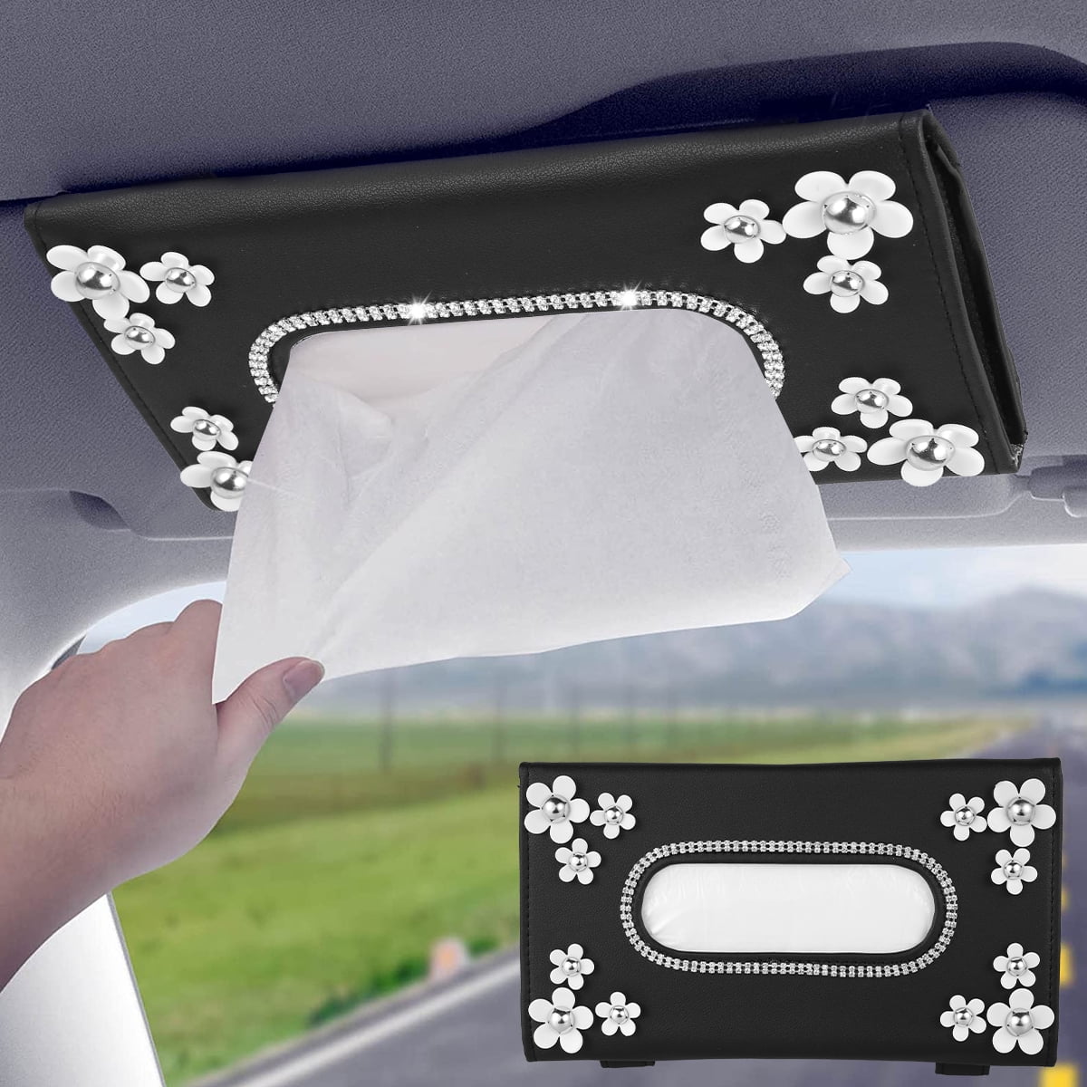 Yous Auto Car Tissue Holder Car Daisy Sparkling Sun Visor Tissue Holder with Rhinestone Sequins