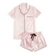 thumbnail image 1 of Conjunto de pijama de satén de seda para mujer: camiseta de manga corta con botones y pantalones cortos, ropa de estar por casa de color liso, lujoso conjunto de ropa de dormir, 1 of 7
