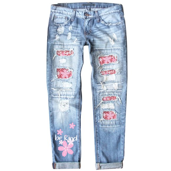 Women's Sunflower Printed Denim Pants Mid Waist Jeans Patch Ripped Trousers Destroyed Skinny Pants Stretch Jeans for Female