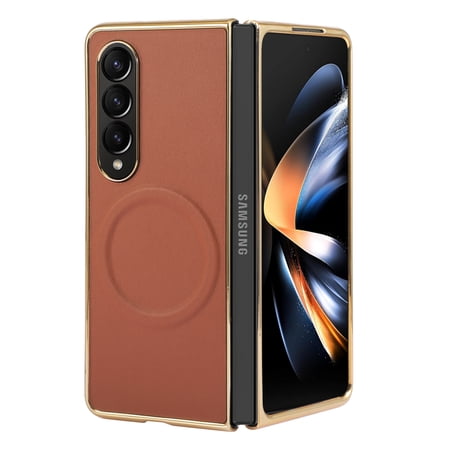 ELEHOLD Plating Magnetic Case For Samsung Galaxy Z Fold 5,Compatible with MagSafe Accessory PU Leather Hard PC Shell Slim Lightweight Durable Protective Phone Case ,Brown