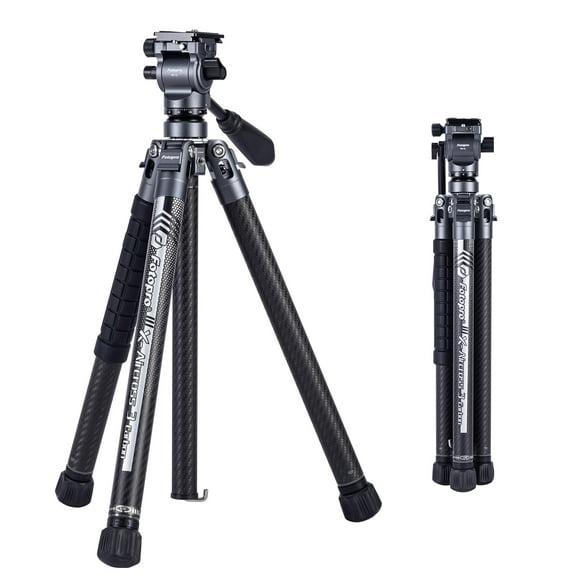 FotoPro X-AIRCROSS 3 Lite Video 5-Section Carbon Fiber Travel Tripod with MH-2L Fluid Video Head, Flame Orange