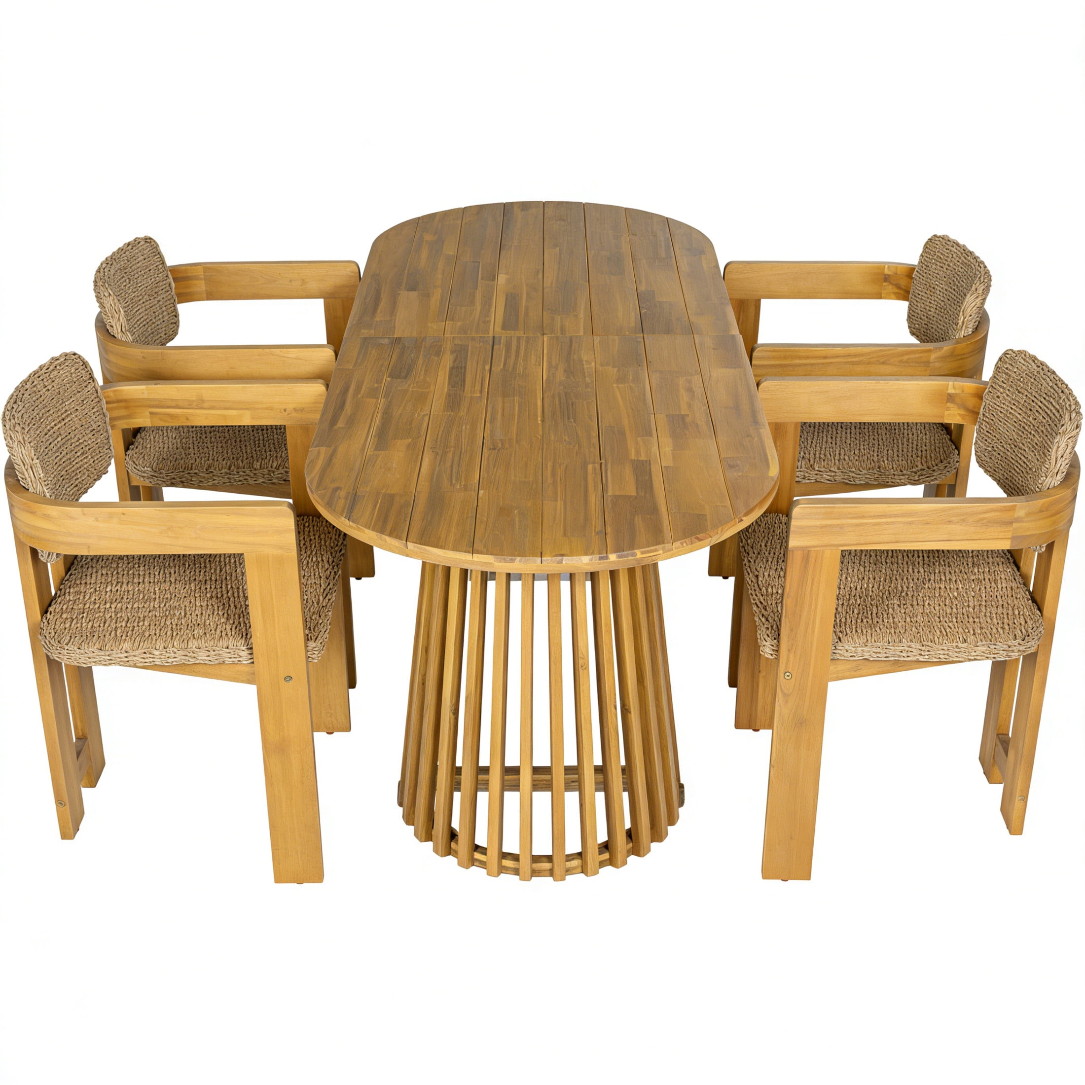 Christopher Knight Home 5-Piece Bohemian Outdoor Oval Dining Table with Rattan Armchairs, Light Brown+Teak