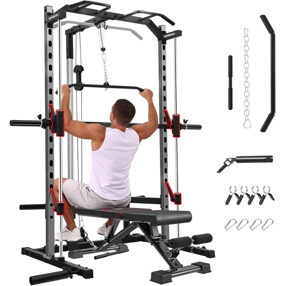 OPPSDECOR Power Cage, Multi-Function Power Rack with Adjustable Cable Pulley System, Squat Rack with Pull-up Bar, J-Hooks, More Training Attachment for Home Gym