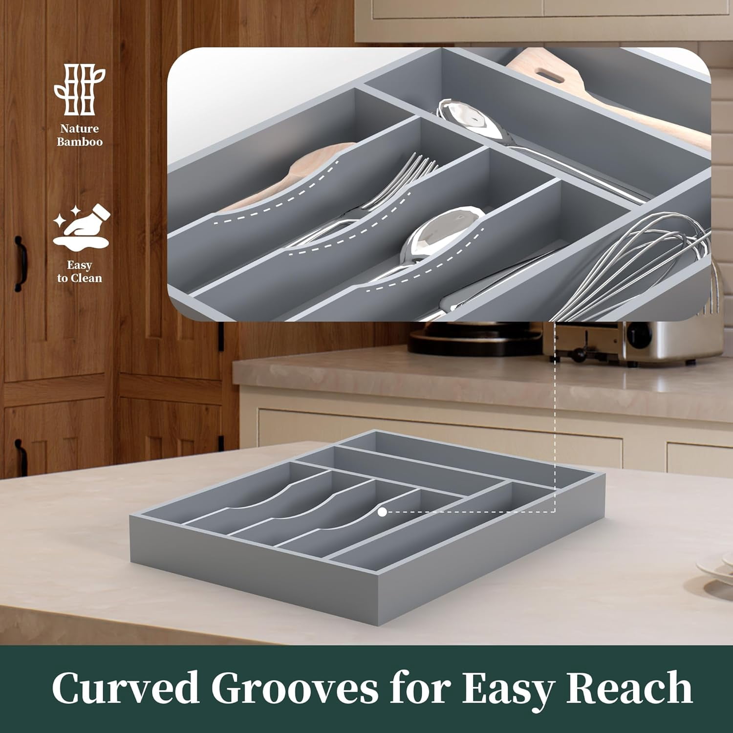 UniVerse Bamboo Silverware Organizer, Kitchen Drawer Organizer, Utensil Holder, Cutlery Tray & Spoon Flatware Storage with Grooved Drawer Dividers (7 Slots, Grey)