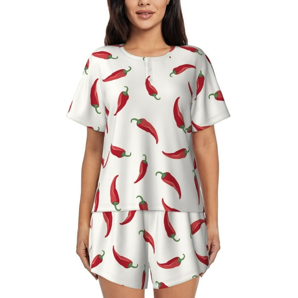 Fotbe Chili Conjunto de Pijama Estampado para Mujer, 2 Piezas, Ropa de Dormir con Camiseta de Manga Corta y Shorts Suaves-Small