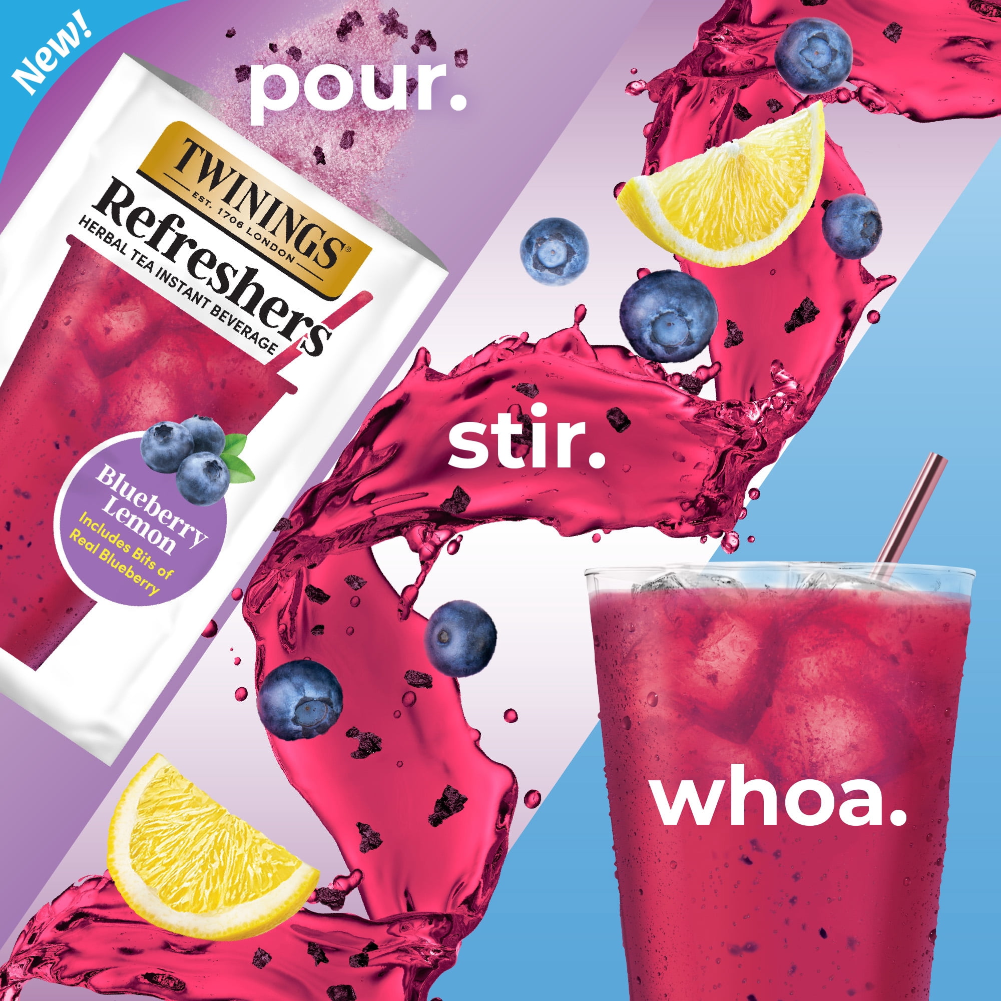 Twinings Refreshers Blueberry Lemon Herbal Tea Drink Mix, Naturally Caffeine Free, 5 Packets