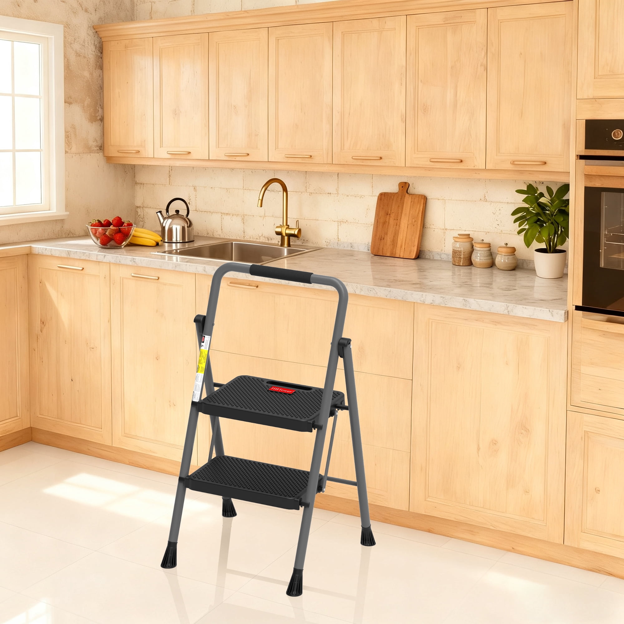 HBTower Steel 2 Step Ladder with Anti-Slip Pedals, 330lbs Capacity, Lightweight for Home Use, Gray