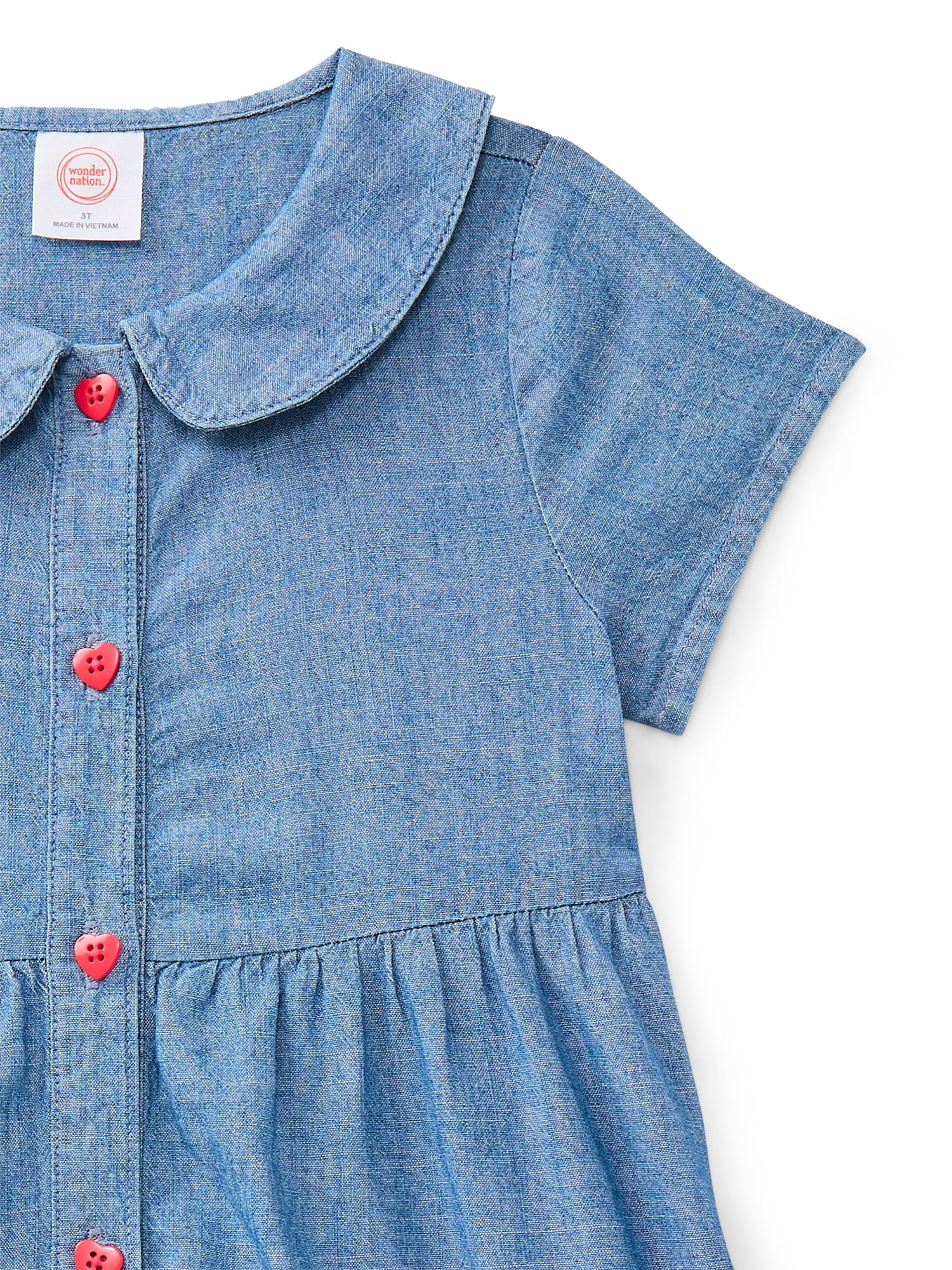 Wonder Nation Toddler Girls Cotton Tiered Denim Dress with Short Sleeves, Sizes 12M-5T