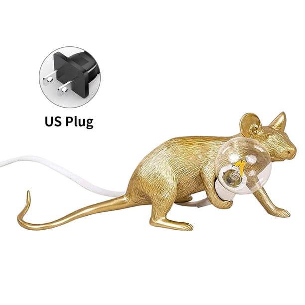 Lámpara de mesa Lámpara de escritorio de ratón Lámpara de mesa lateral de animal de resina Bombilla de luz E12, Dorado, Enchufe de EE. UU., Ratón acostado Jumpingount HA003391-18B