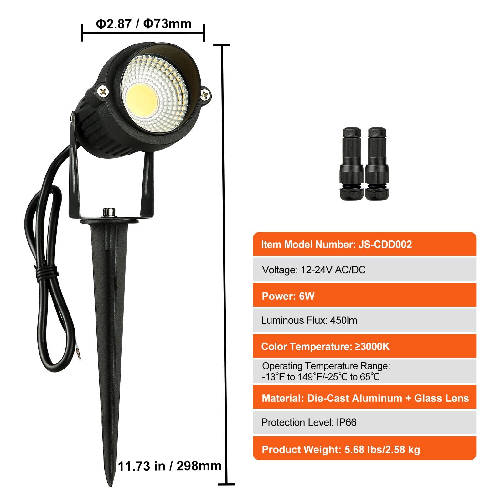 Low Voltage LED Landscape Light, 6W 450 Lumens, 270° Rotatable Head, 45° Spotlight, IP66 Waterproof, 12-24V AC/DC, for Garden, Pathway, Driveway & Patio Lighting