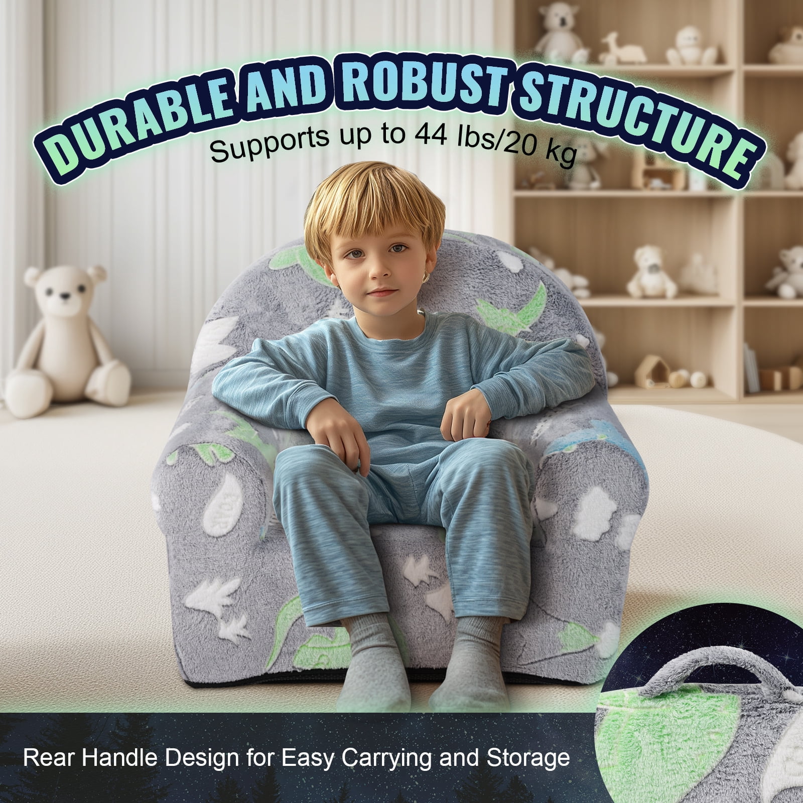 KFFKFF Children's Chair, Comfortable Armchair for Toddlers, Convertible Couch Bed with Glow-in-the-Dark Feature, Playroom Seating for Children, Unisex Design, Grey