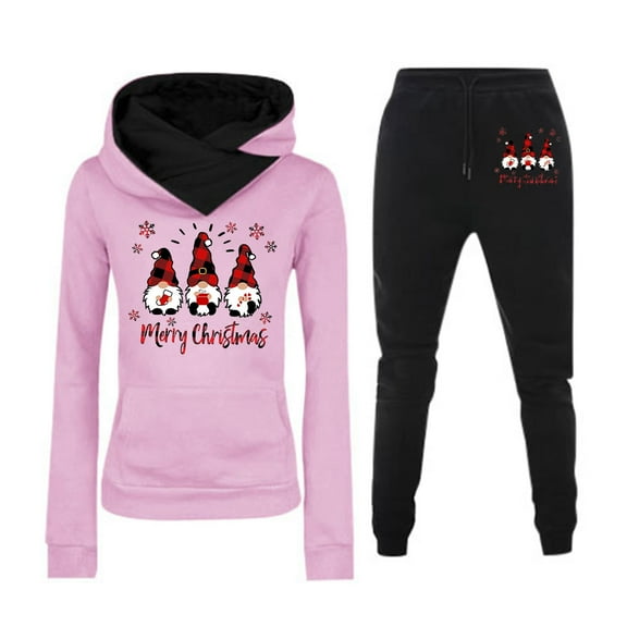 Women's Hooded Christmas Print Sweatshirt Tracksuit Set Long Sleeve Sporty Outfit Cozy Winter Pants Suit