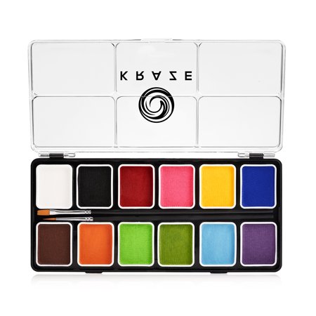 Kraze FX Fundamentals Professional 12 Color Face Paint Palette (6 gm) with 2 Brushes - Water Activated, Hypoallergenic, Safe, Non-Toxic Face Painting Kit for Sensitive Skin, Kids and Adults