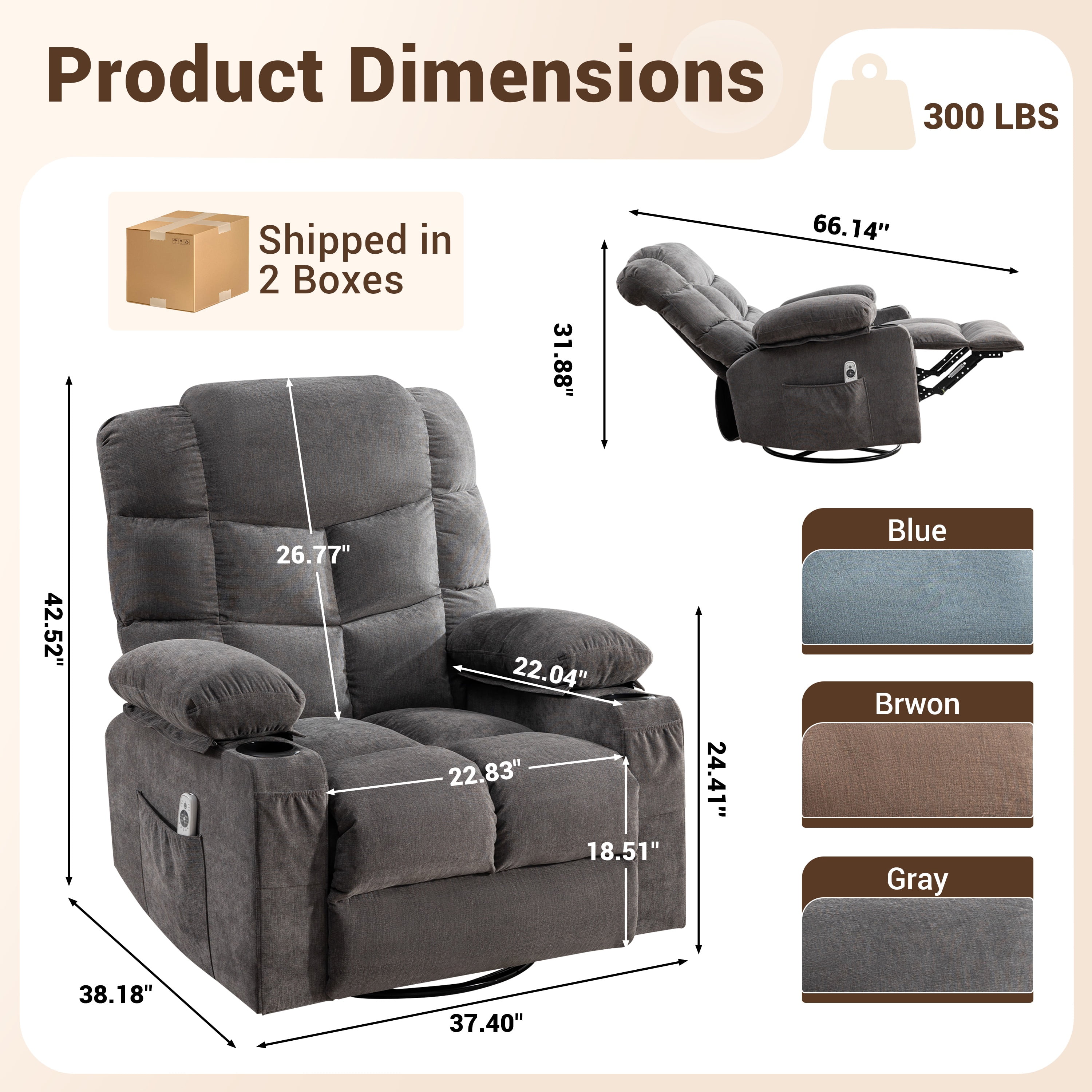 Swivel Rocker Chair, LEGAHOME Manual Glider Rocking Chair for Nursery with Massage and Heat, 22.8in Glider Massage Recliner Chairs for Adults, with Cup Holder and Side Pocket, Gray