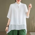 thumbnail image 4 of GigrtiJin Cotton Linen Shirt for Women Button Mandarin Collar Half Sleeve Tunic Top Trendy Solid Double Layer Blouse, 4 of 6