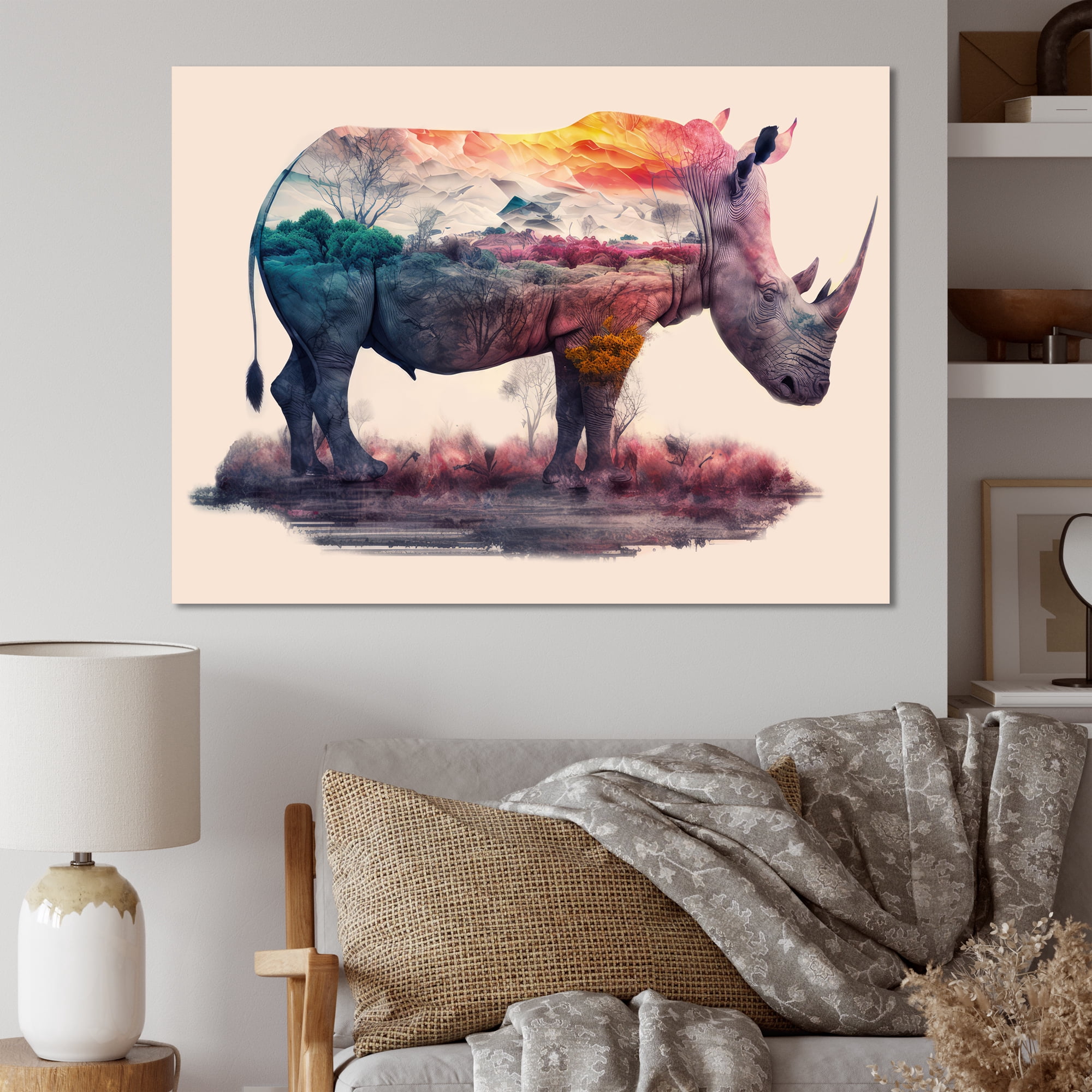 Designart Double Exposure Of A Rhino With African Landscape Canvas Wall Art