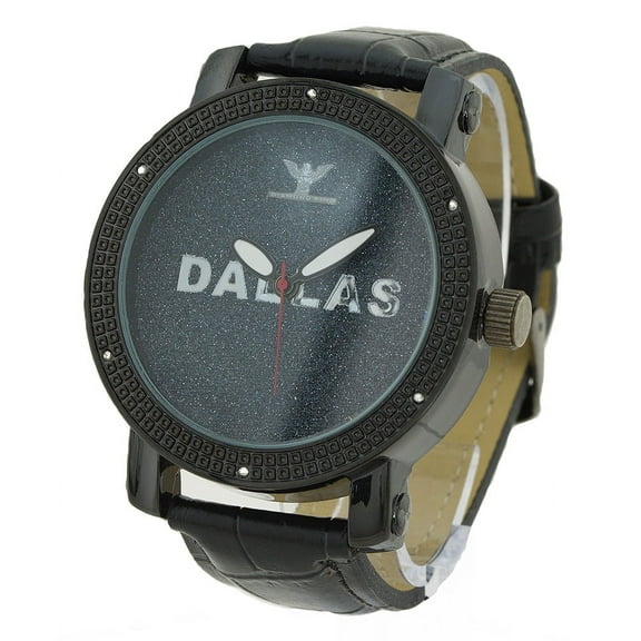 Mens Diamond black DALLAS Clubbing watch 50mm 13mm thick case. Diamond accent bezel, black bling dial, 22 wide black leather strap fits 9 inches wrists.