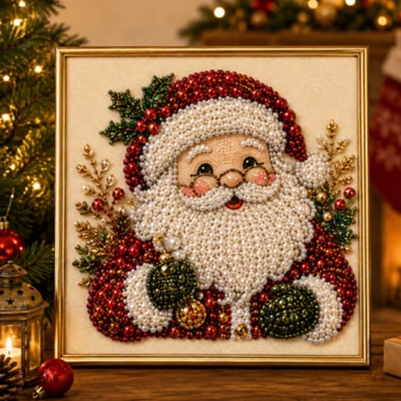 DIY Christmas Pearl Diamond Painting Art Kit with Frame, Christmas Pearl Beads Art Craft for Adults & Beginners, Gemstone Diamond Dots Beads Painting for Home Wall Decor