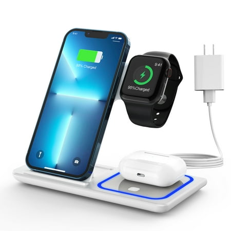 Wireless Charging Station, 3 in 1 Foldable Wireless Charger Stand, Wireless Charging Stand for iPhone 13/12/12 Pro/12 Pro Max/11/XS Max/XS/XR/X/8P, Airpods 2/pro, Apple Watch, and Qi-Certified Phones