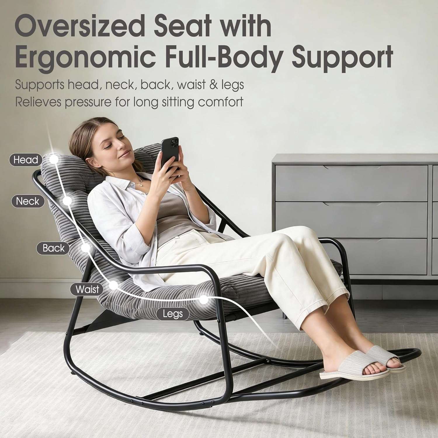 MOONMISS Rocking Chair with Soft Comfy Thick Cushion,Indoor/Outdoor with Footrest,Beige