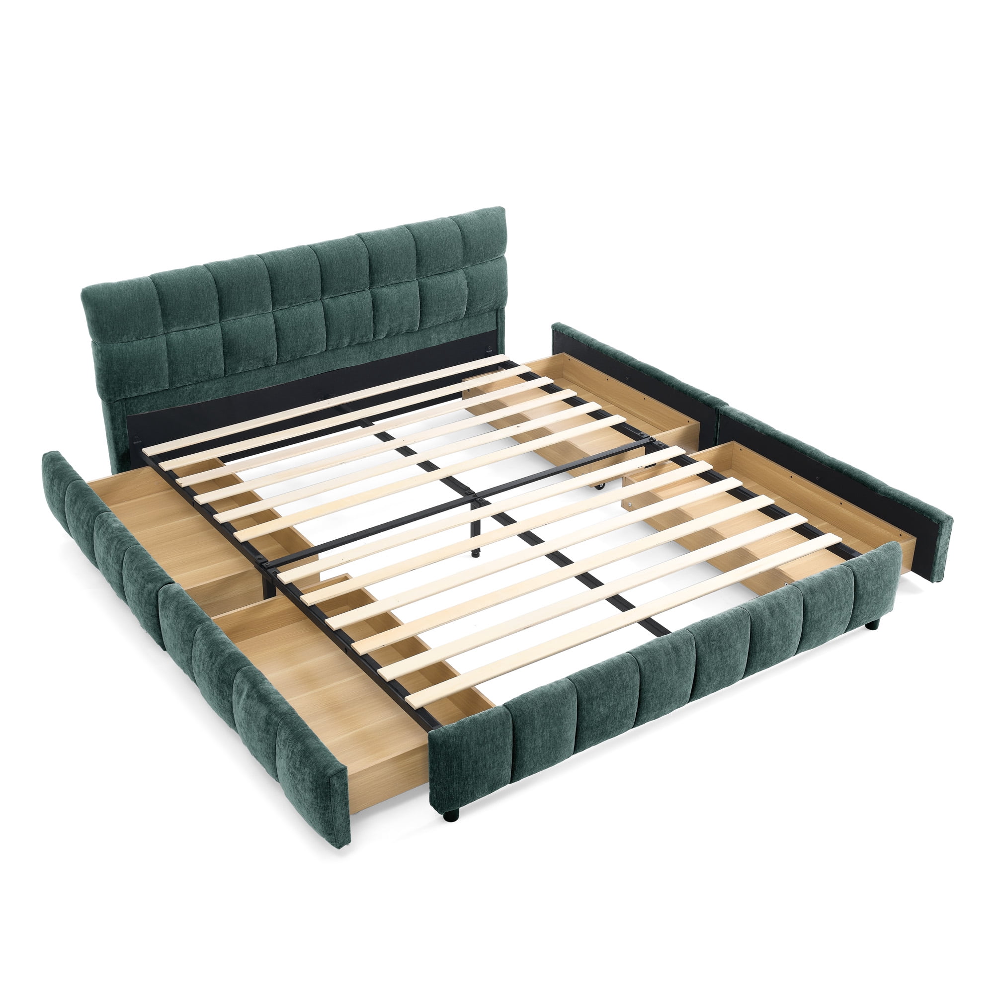 Howcool King Size Upholstered Platform Bed Frame with 4 Storage Drawers,Tufted Headboard,Chenille Low-profile Bed with Wooden Slats,No Box Spring Needed,Blue+Green