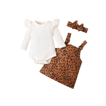 

Baby Girls Spring Autumn Sweet Ribbed Bodysuit And Leopard Printed Suspender Skirt And Bow Headband