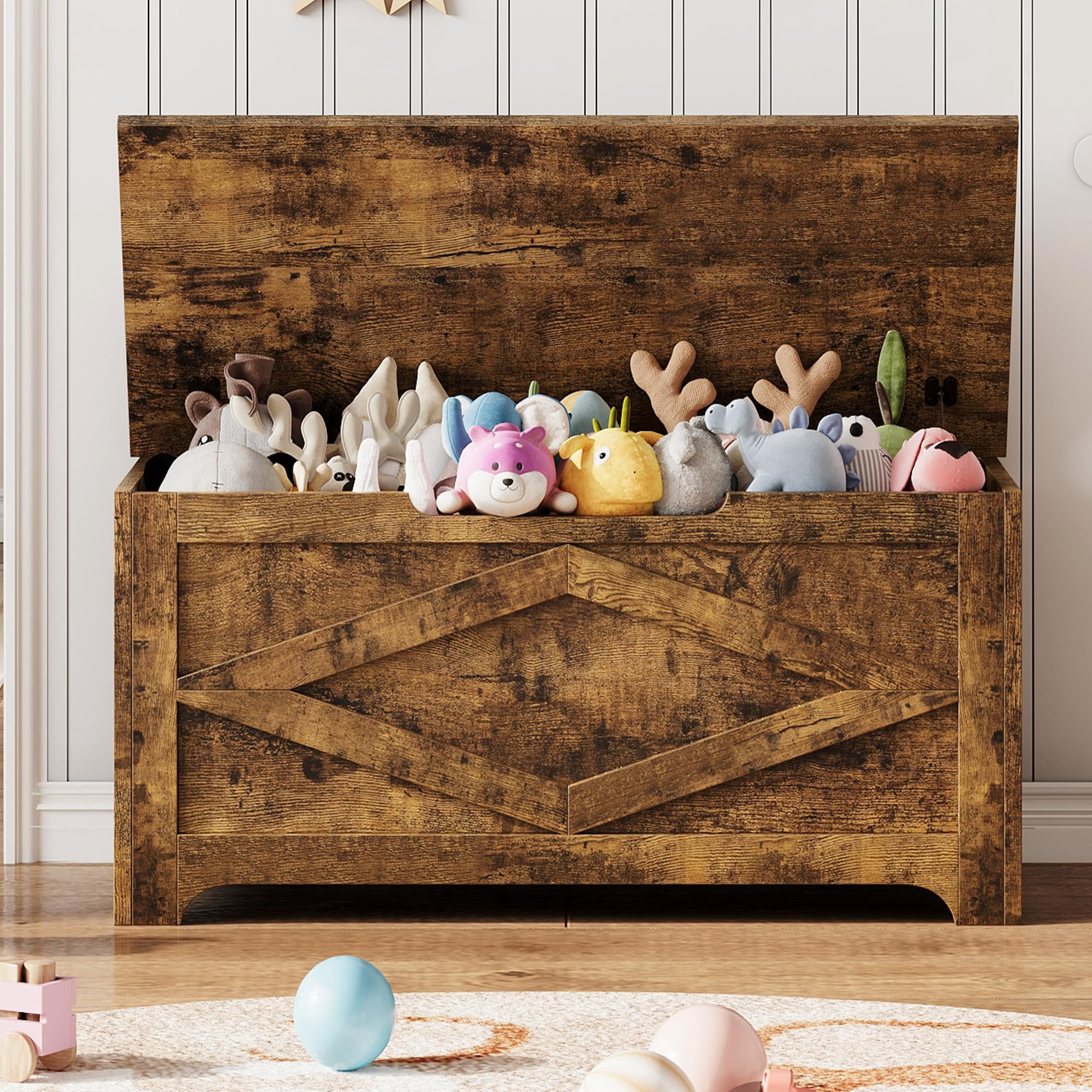 KOKEBREN 39.4"L Storage Chest, Wooden Toy Storage Bench, Modern Style Lift-Top Toy Chest with Safety Hinge for Entryway, Bedroom, Living Room,Brown