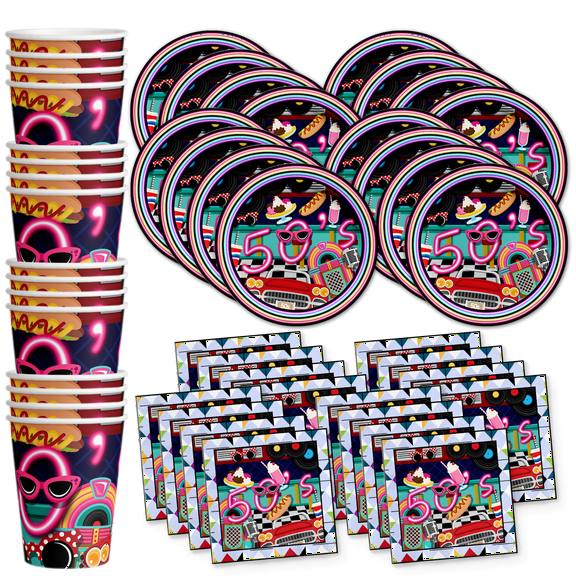 50's Diner Birthday Party Supplies Set Plates Napkins Cups Tableware Kit for 16