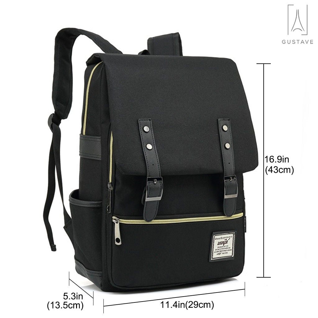 Gustave Canvas Anti-Theft Laptop Backpack for Men Women Large Capacity Casual Travel Backpack Daypack Computer Bag with USB Charging Port "Black"