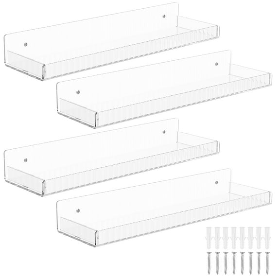 4 Pcs Acrylic Shelves Wall Mounted Clear Shelves Easy to Install Clear Acrylic Shelves Space Saving Acrylic Shelves for Room Wall Decor Bedroom Kitchen