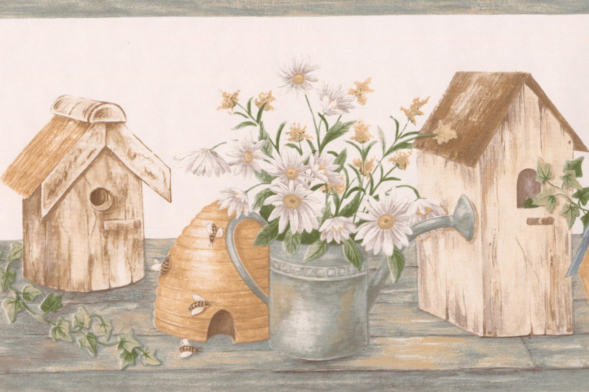 White Chamomile Flowers Birdhouses Farmhouse Wallpaper Border Rustic