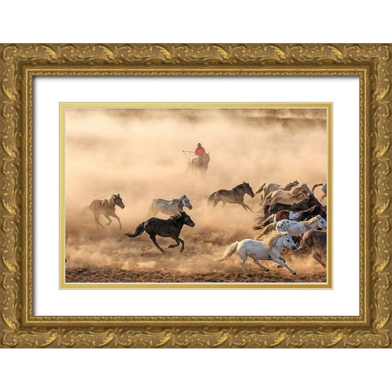 Wong, Adam 32x23 Gold Ornate Wood Framed with Double Matting Museum Art Print Titled - Horse Run