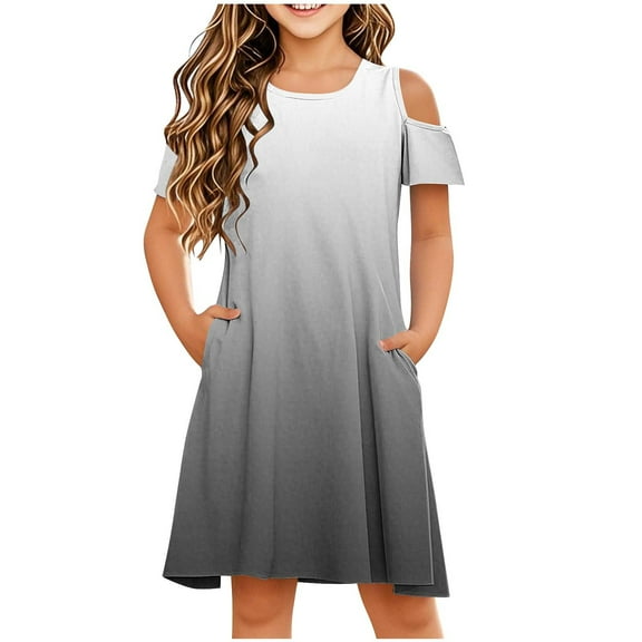 snilers Girls Summer Dress Short Sleeve Cold Shoulder Crew Neck Swing Gradient Dresses Beach Vacation Sundress with Pockets Size 3-14 Years