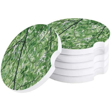 ZHANZZK Summer Green Leaf Set of 2 Car Coaster for Drinks, Absorbent Ceramic Stone Coasters Cup Mat with Cork Base for Home Kitchen Room Coffee Table Bar Decor