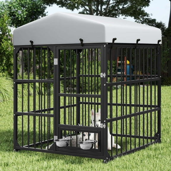 Uforic Outdoor Dog Kennel with Roof,Heavy Duty Dog Cage with Rotating Feeder Bowls, Large Dog Enclosure,4'L x 4'W x 5'H