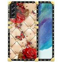 FKBRCL4U Compatible with Samsung Galaxy S21 FE Case, Shining Red Rose Butterfly Leather Background Luxury Golden Decoration for Girl Women Soft TPU Shockproof Protective Hard PC Back