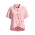 thumbnail image 5 of IUYRTFE Women's Short Sleeve Asymmetrical Button Down Shirt Collared Linen Feel Summer Casual Blouse with Irregular Hem, 5 of 5