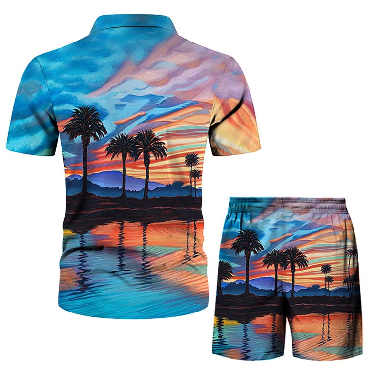 ZCFZJW Hawaiian Shirt for Men Tie Dye Flower Print Summer Casual Button  Down Short Sleeve Hawaiian Shirt Beach Shorts Outfit Suits Set Blue L 