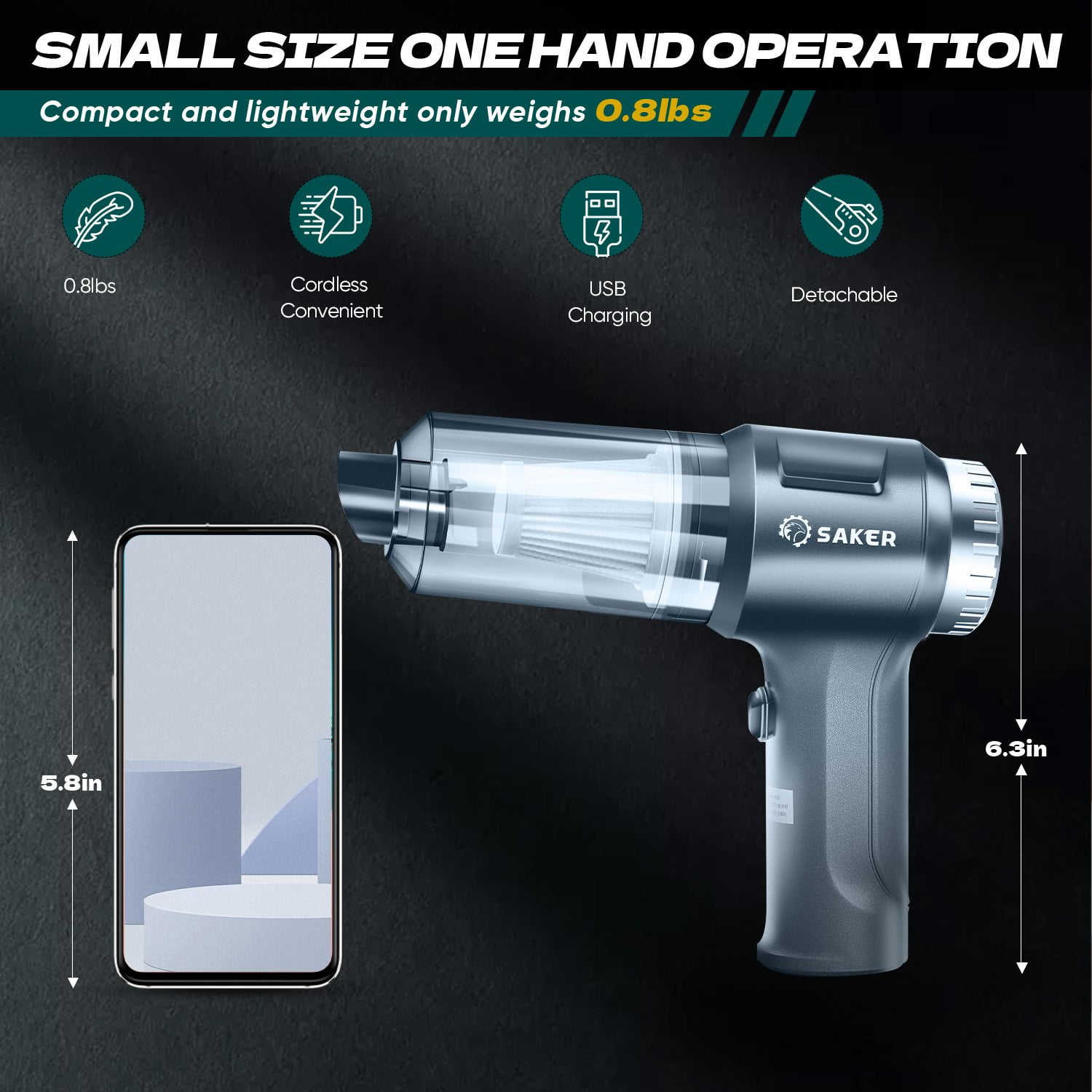 Saker 3-in-1 Cordless Vacuum Cleaner for Car, 12000PA Brushless Motor, Mini Handheld Vacuum with Air Blower for Car, Home, Office