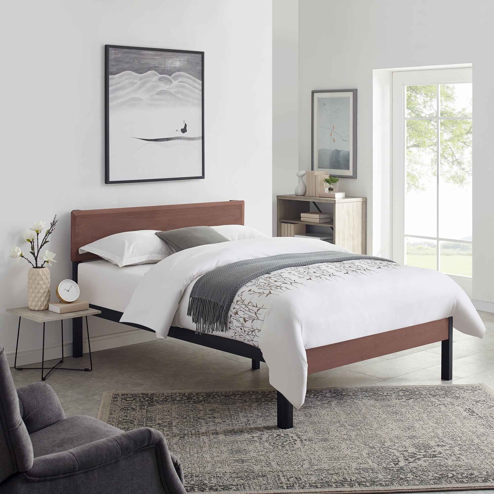 Modern Sleep Portland Wood Slat and Metal Platform Bed Frame with Solid ...