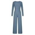 thumbnail image 5 of Womens Solid Ribbed 2 Piece Outfits ong Sleeve Crop Top with High Waist Wide Leg Pant Suits Pajamas Sets Loungewear, 5 of 7